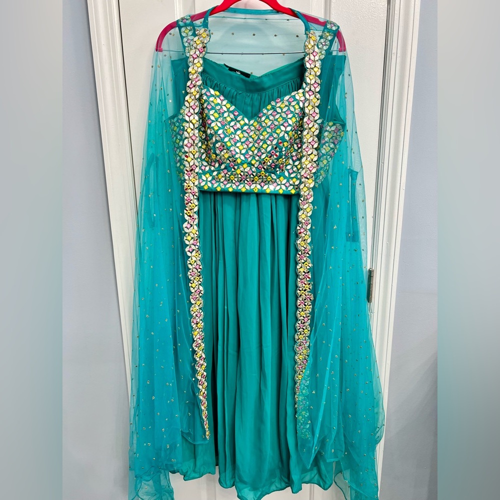 Teal Crop Top With Mirror Work, Net Jacket & Pala… - image 1